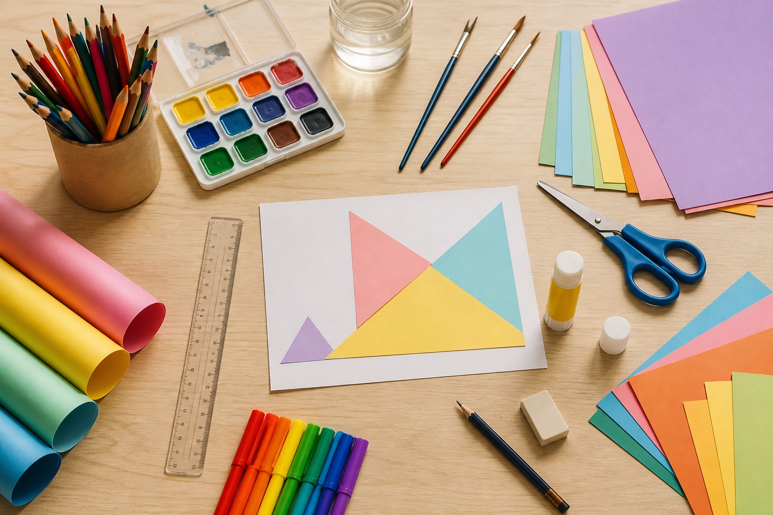 Colourful drawing, painting, craft and stationery materials arranged for a school project