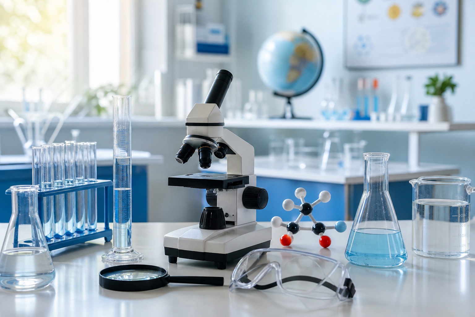 Microscope, laboratory glassware and safety equipment on a bright science classroom workbench