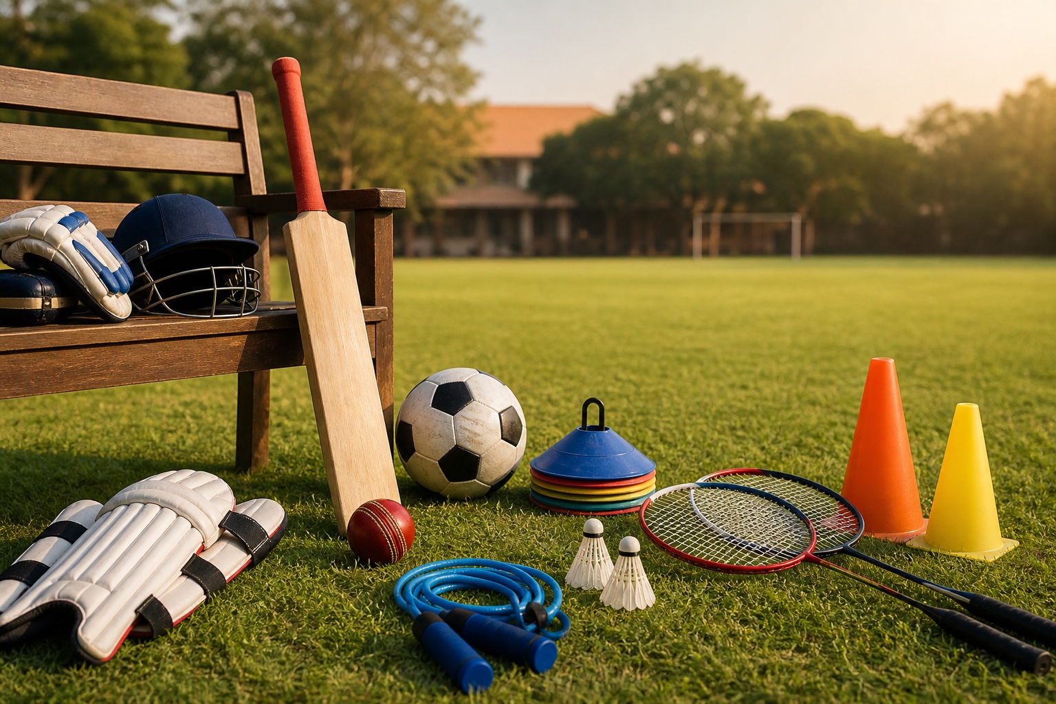 Cricket, football, badminton and training equipment arranged on a school sports ground