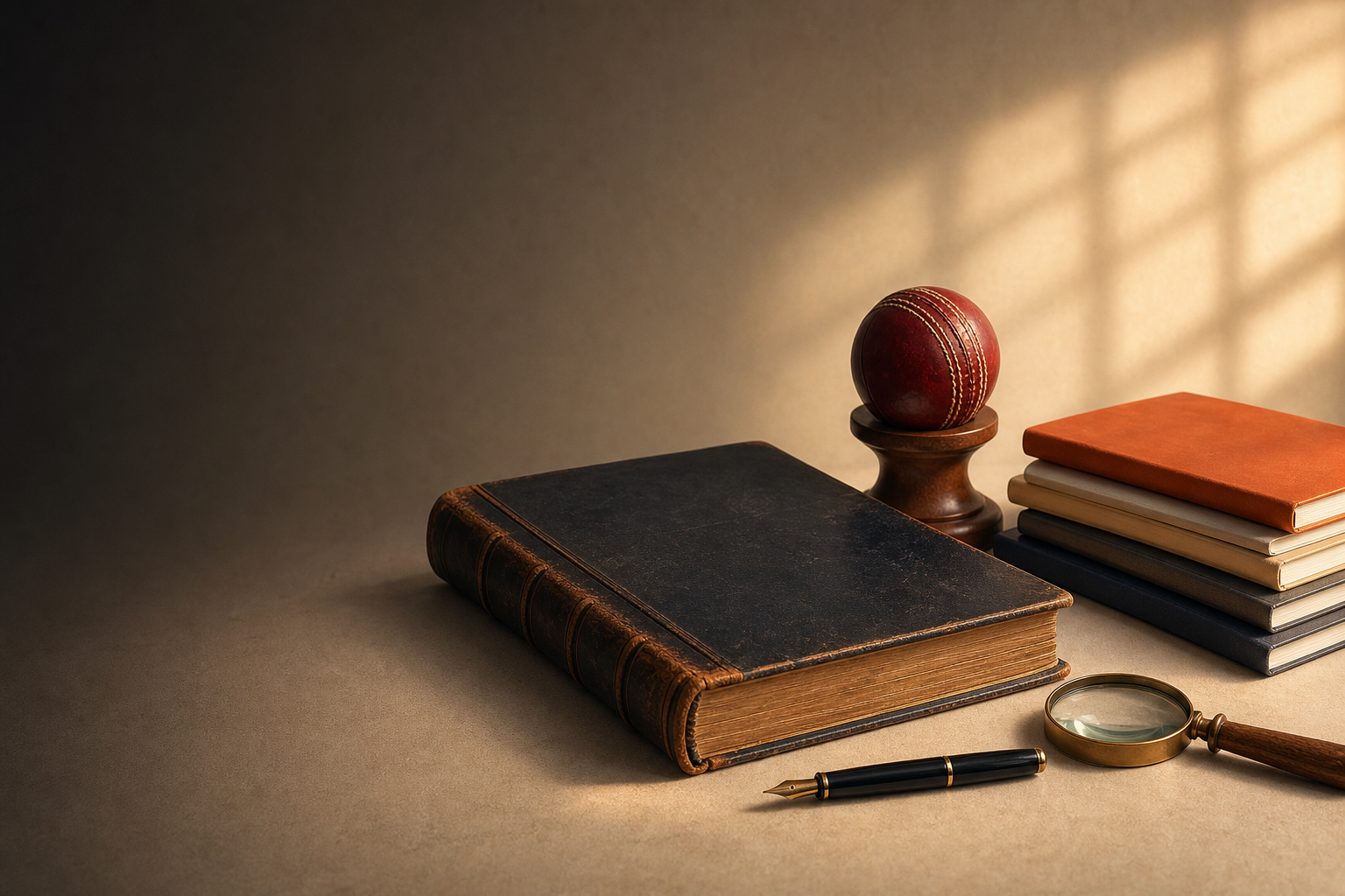 A ledger, cricket ball and books representing Akshar's journey